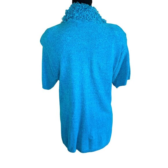Lisa International Turquoise Chenille Button Cardigan Sweater Fringe Collar M - Picture 2 of 9